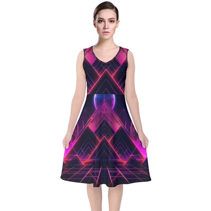 Synthwave City Retrowave Wave V-Neck Midi Sleeveless Dress 