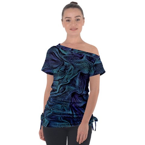 Abstract Blue Wave Texture Patten Off Shoulder Tie-up T-shirt by Pakjumat