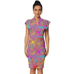 Geometric Abstract Colorful Vintage Frill Sleeve V-neck Bodycon Dress by Pakjumat