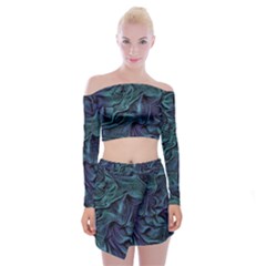 Abstract Blue Wave Texture Patten Off Shoulder Top With Mini Skirt Set by Pakjumat