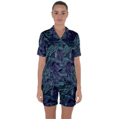 Abstract Blue Wave Texture Patten Satin Short Sleeve Pajamas Set by Pakjumat