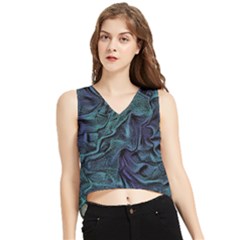 Abstract Blue Wave Texture Patten V-neck Cropped Tank Top by Pakjumat