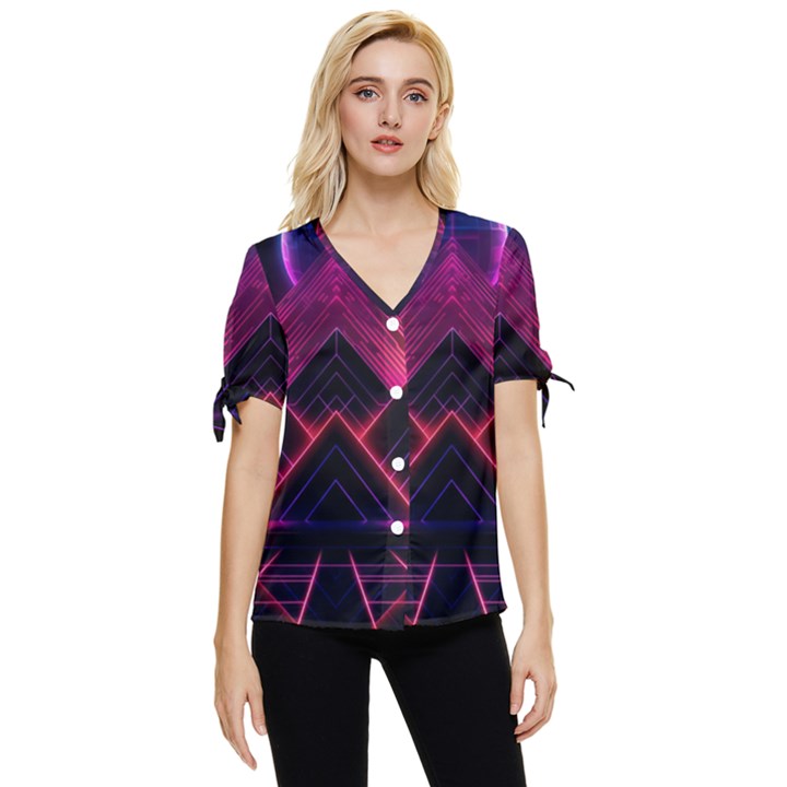 Synthwave City Retrowave Wave Bow Sleeve Button Up Top