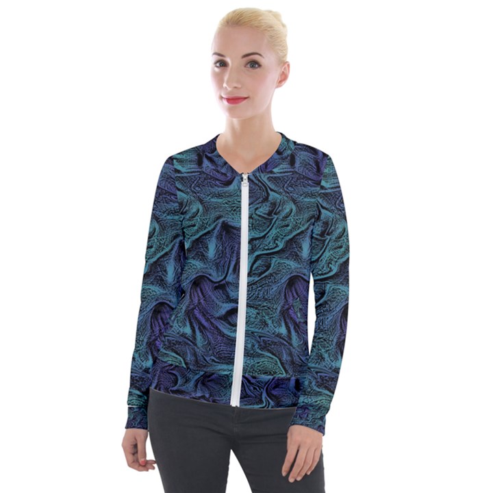 Abstract Blue Wave Texture Patten Velvet Zip Up Jacket