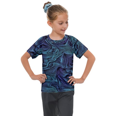 Abstract Blue Wave Texture Patten Kids  Mesh Piece T-shirt by Pakjumat