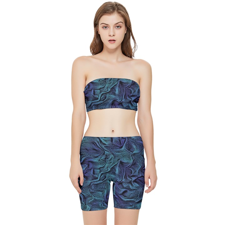 Abstract Blue Wave Texture Patten Stretch Shorts and Tube Top Set