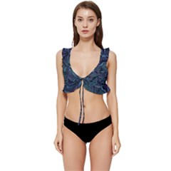 Abstract Blue Wave Texture Patten Low Cut Ruffle Edge Bikini Top by Pakjumat