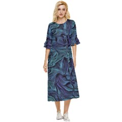 Abstract Blue Wave Texture Patten Double Cuff Midi Dress by Pakjumat