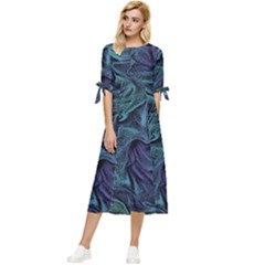 Abstract Blue Wave Texture Patten Bow Sleeve Chiffon Midi Dress by Pakjumat