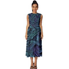 Abstract Blue Wave Texture Patten Sleeveless Round Neck Midi Dress by Pakjumat