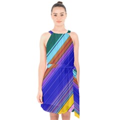 Color Lines Slanting Green Blue Halter Collar Waist Tie Chiffon Dress by Pakjumat