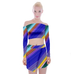 Color Lines Slanting Green Blue Off Shoulder Top With Mini Skirt Set by Pakjumat