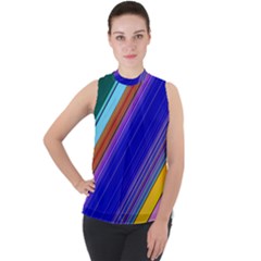 Color Lines Slanting Green Blue Mock Neck Chiffon Sleeveless Top by Pakjumat