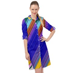 Color Lines Slanting Green Blue Long Sleeve Mini Shirt Dress by Pakjumat