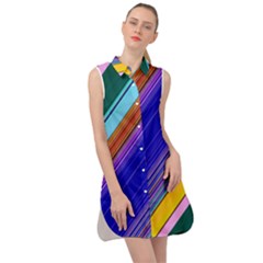 Color Lines Slanting Green Blue Sleeveless Shirt Dress by Pakjumat