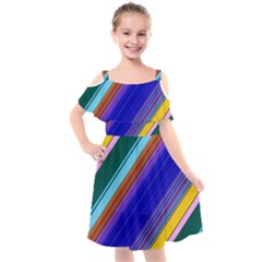 Color Lines Slanting Green Blue Kids  Cut Out Shoulders Chiffon Dress by Pakjumat