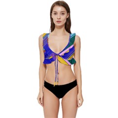 Color Lines Slanting Green Blue Low Cut Ruffle Edge Bikini Top by Pakjumat