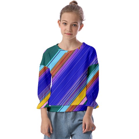 Color Lines Slanting Green Blue Kids  Cuff Sleeve Top by Pakjumat