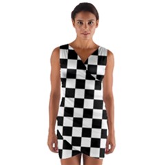 Black White Checker Pattern Checkerboard Wrap Front Bodycon Dress by Pakjumat