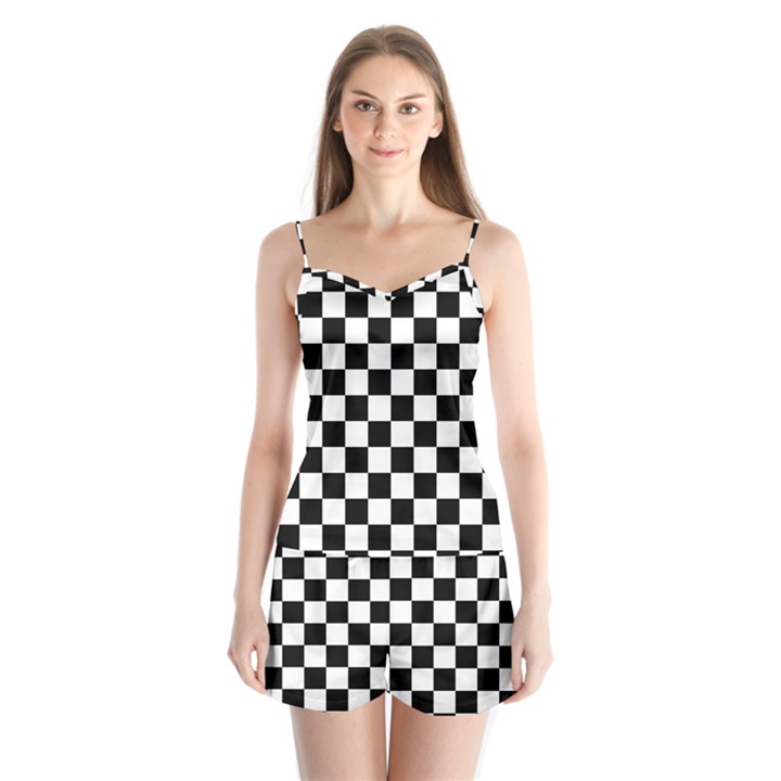 Black White Checker Pattern Checkerboard Satin Pajamas Set