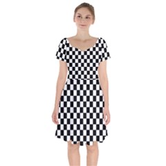 Black White Checker Pattern Checkerboard Short Sleeve Bardot Dress by Pakjumat