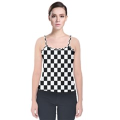 Black White Checker Pattern Checkerboard Velvet Spaghetti Strap Top by Pakjumat