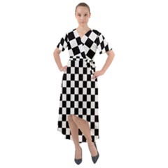 Black White Checker Pattern Checkerboard Front Wrap High Low Dress