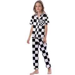 Black White Checker Pattern Checkerboard Kids  Satin Short Sleeve Pajamas Set by Pakjumat