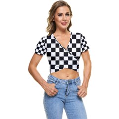 Black White Checker Pattern Checkerboard Short Sleeve Foldover T-shirt by Pakjumat