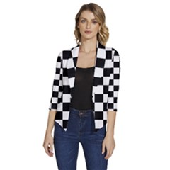 Black White Checker Pattern Checkerboard Women s Draped Front 3/4 Sleeve Shawl Collar Jacket by Pakjumat