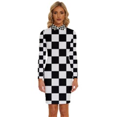 Black White Checker Pattern Checkerboard Long Sleeve Shirt Collar Bodycon Dress by Pakjumat