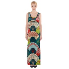 Japanese Fans Bright Pattern Thigh Split Maxi Dress by Pakjumat