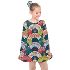 Japanese Fans Bright Pattern Kids  Long Sleeve Dress by Pakjumat