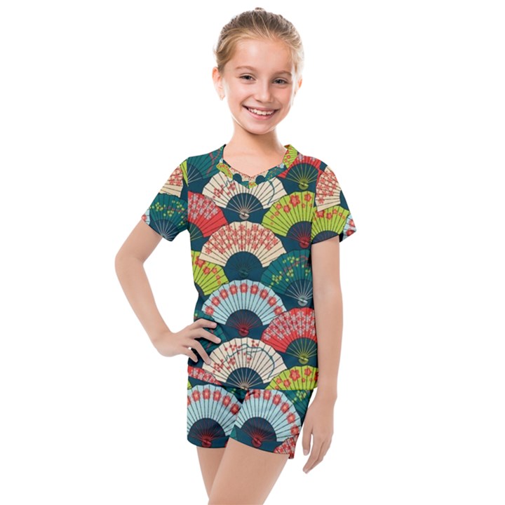 Japanese Fans Bright Pattern Kids  Mesh T-Shirt and Shorts Set