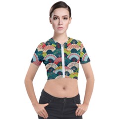 Japanese Fans Bright Pattern Short Sleeve Cropped Jacket by Pakjumat