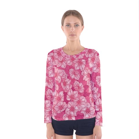 Cute Pink Sakura Flower Pattern Women s Long Sleeve T-shirt by Pakjumat