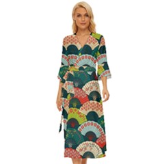 Japanese Fans Bright Pattern Midsummer Wrap Dress