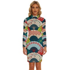 Japanese Fans Bright Pattern Long Sleeve Shirt Collar Bodycon Dress by Pakjumat