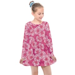 Cute Pink Sakura Flower Pattern Kids  Long Sleeve Dress by Pakjumat