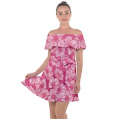 Cute Pink Sakura Flower Pattern Off Shoulder Velour Dress