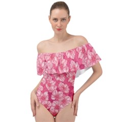 Cute Pink Sakura Flower Pattern Off Shoulder Velour Bodysuit  by Pakjumat