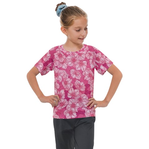 Cute Pink Sakura Flower Pattern Kids  Mesh Piece T-shirt by Pakjumat