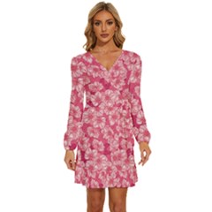 Cute Pink Sakura Flower Pattern Long Sleeve Waist Tie Ruffle Velvet Dress by Pakjumat