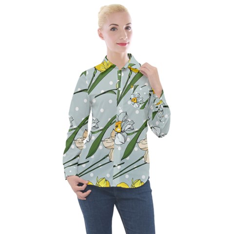 Narcissus Floral Botanical Flowers Women s Long Sleeve Pocket Shirt by Pakjumat