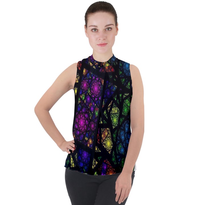 Stained Glass Crystal Art Mock Neck Chiffon Sleeveless Top