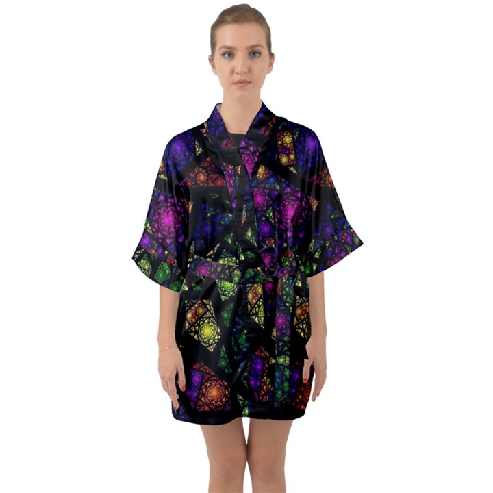 Stained Glass Crystal Art Half Sleeve Satin Kimono 