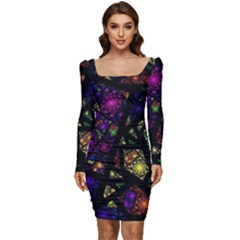 Stained Glass Crystal Art Women Long Sleeve Ruched Stretch Jersey Dress by Pakjumat