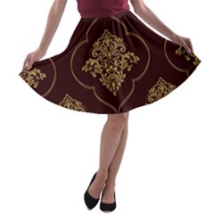 Vector Gold Ornament Pattern Seamless Damask A-line Skater Skirt by Pakjumat