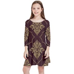 Vector Gold Ornament Pattern Seamless Damask Kids  Quarter Sleeve Skater Dress by Pakjumat