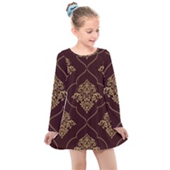 Vector Gold Ornament Pattern Seamless Damask Kids  Long Sleeve Dress by Pakjumat